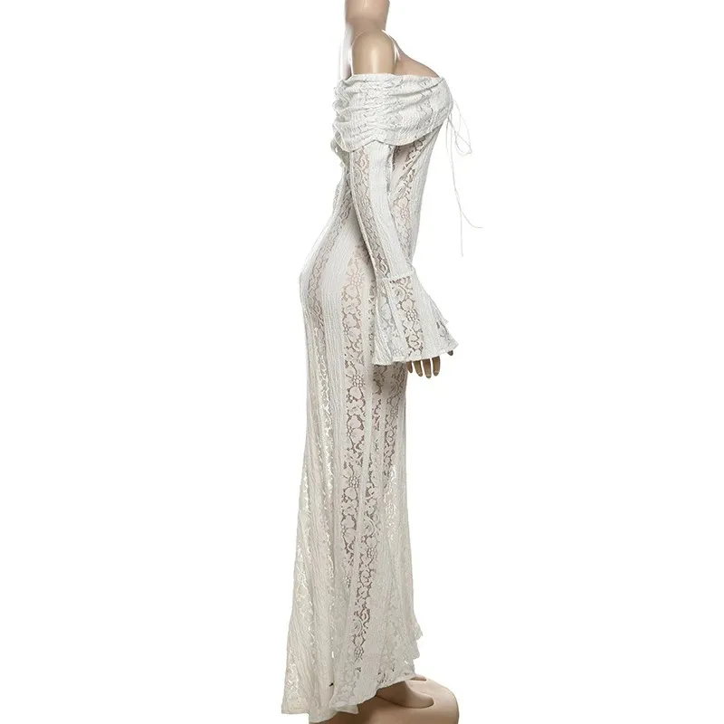 Women's Lace Dress Elegant Sexy Off Shoulder Hollow Out Long Sleeve Solid Color Lace Maxi Long Dress Wedding Festival display picture 11