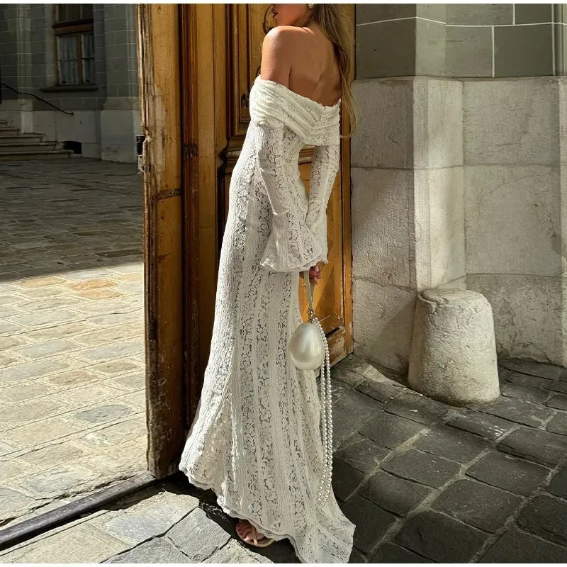 Women's Lace Dress Elegant Sexy Off Shoulder Hollow Out Long Sleeve Solid Color Lace Maxi Long Dress Wedding Festival display picture 19