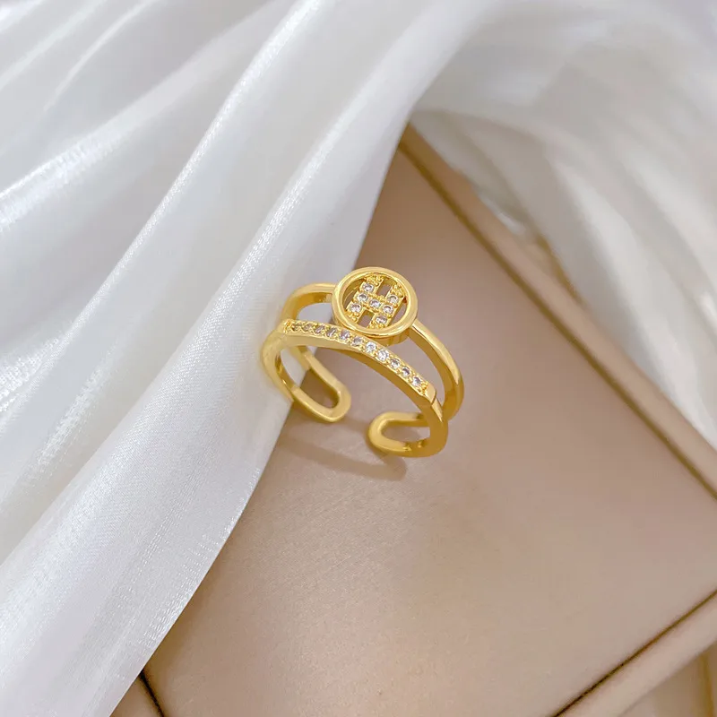 Brass Gold Plated Geometric Letter Zircon Brass Rings display picture 3