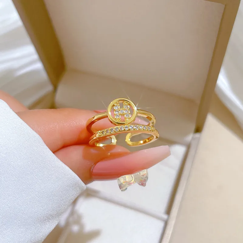 Brass Gold Plated Geometric Letter Zircon Brass Rings display picture 4