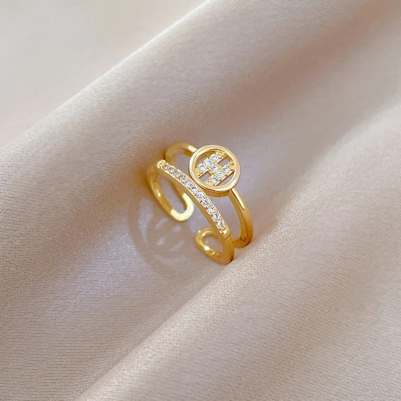 Brass Gold Plated Geometric Letter Zircon Brass Rings display picture 2