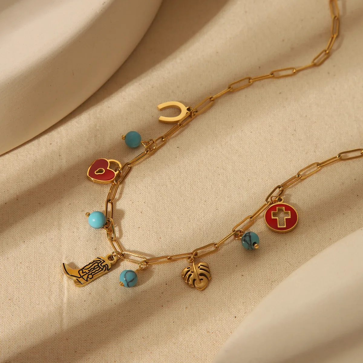 Wholesale Jewelry Basic Bohemian Elephant Flower Boots 304 Stainless Steel Artificial Pearls Natural Stone 18K Gold Plated Epoxy Pendant Necklace display picture 2