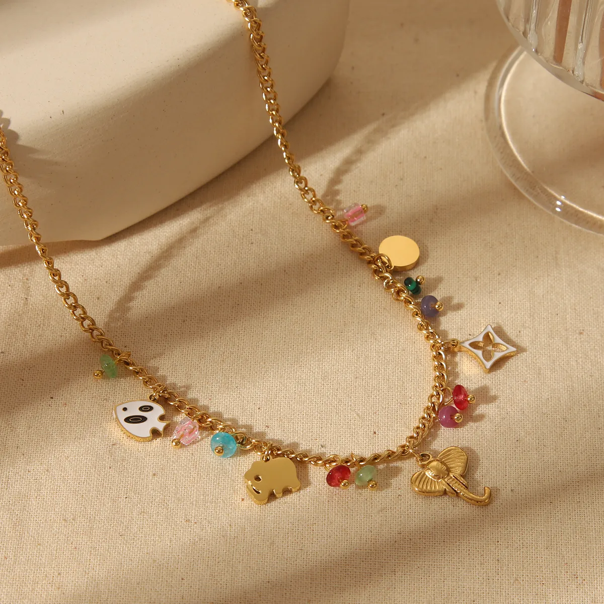 Wholesale Jewelry Basic Bohemian Elephant Flower Boots 304 Stainless Steel Artificial Pearls Natural Stone 18K Gold Plated Epoxy Pendant Necklace display picture 1
