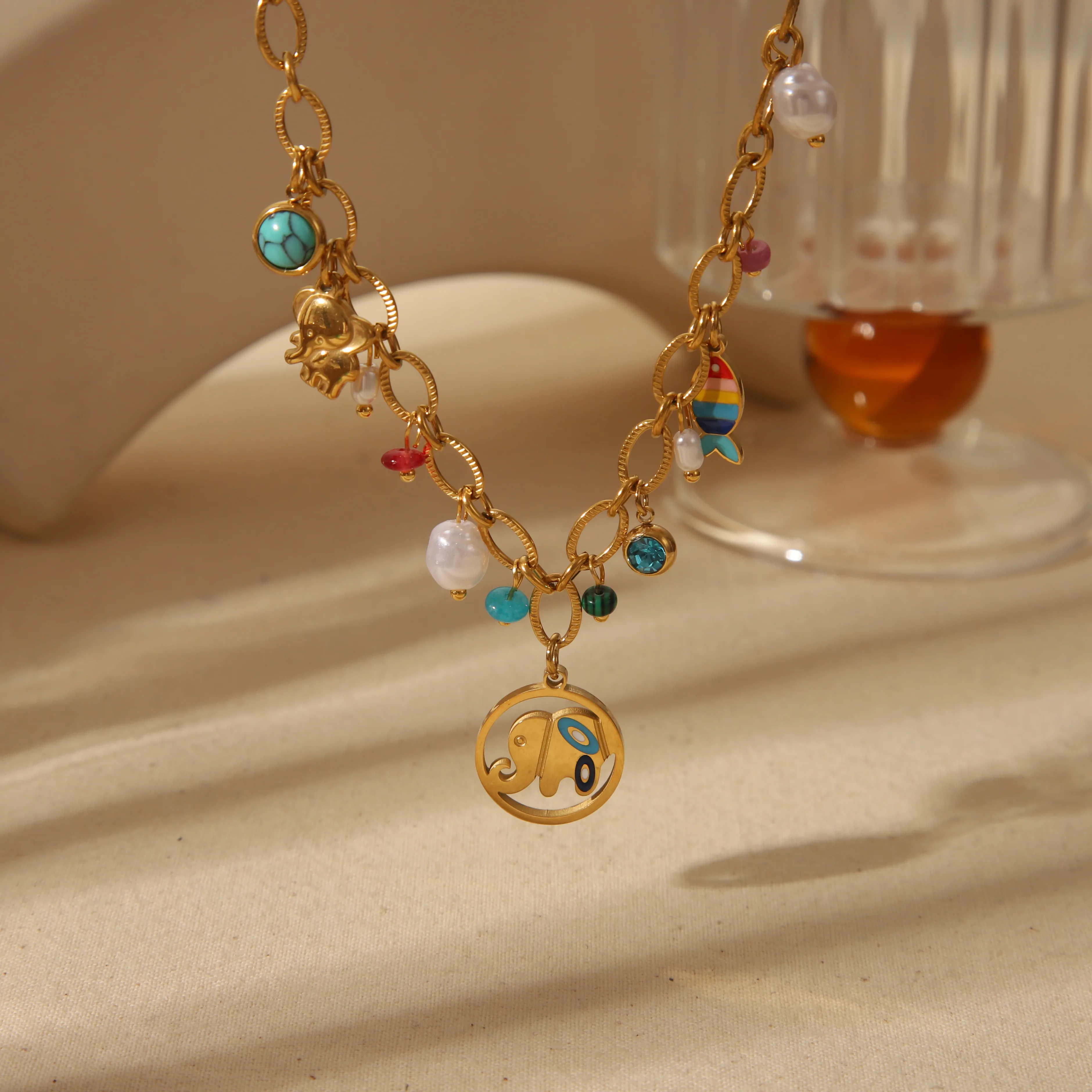 Wholesale Jewelry Basic Bohemian Elephant Flower Boots 304 Stainless Steel Artificial Pearls Natural Stone 18K Gold Plated Epoxy Pendant Necklace display picture 3