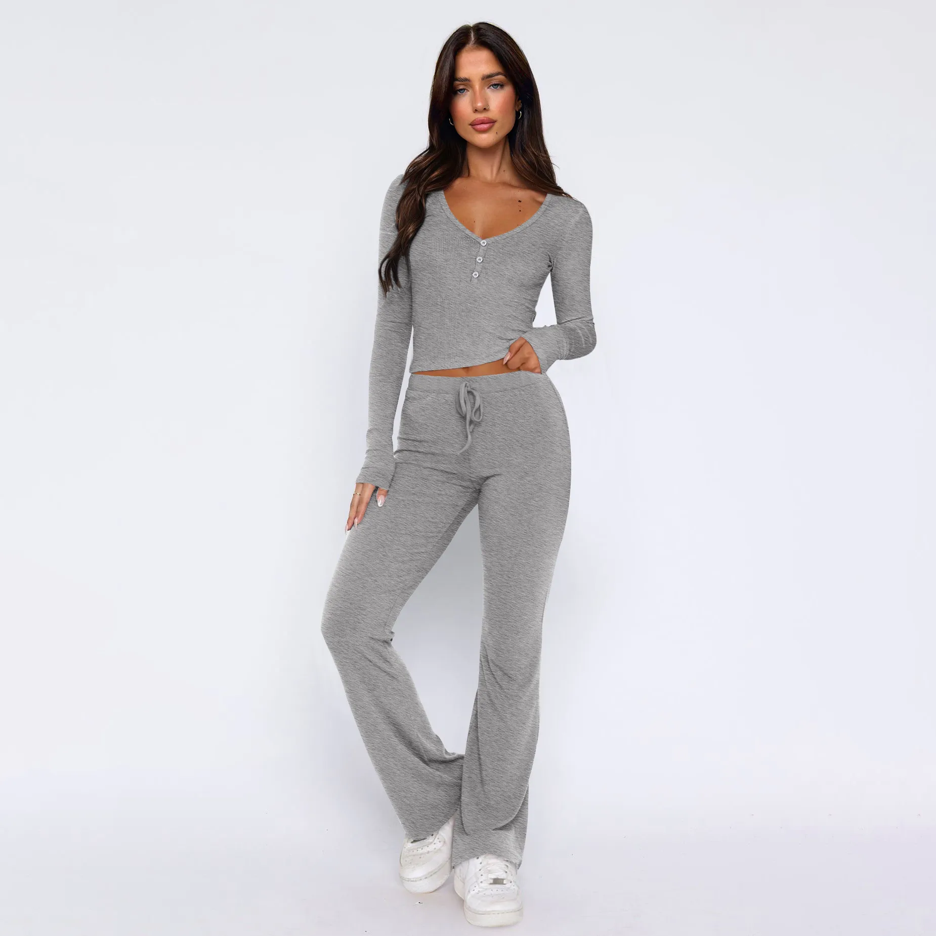 Autumn And Winter Hot Sale Foreign Trade Women's Slim-fit Sexy Button Long Sleeve Top Lace-up Trousers Fashion Two-piece Set display picture 8