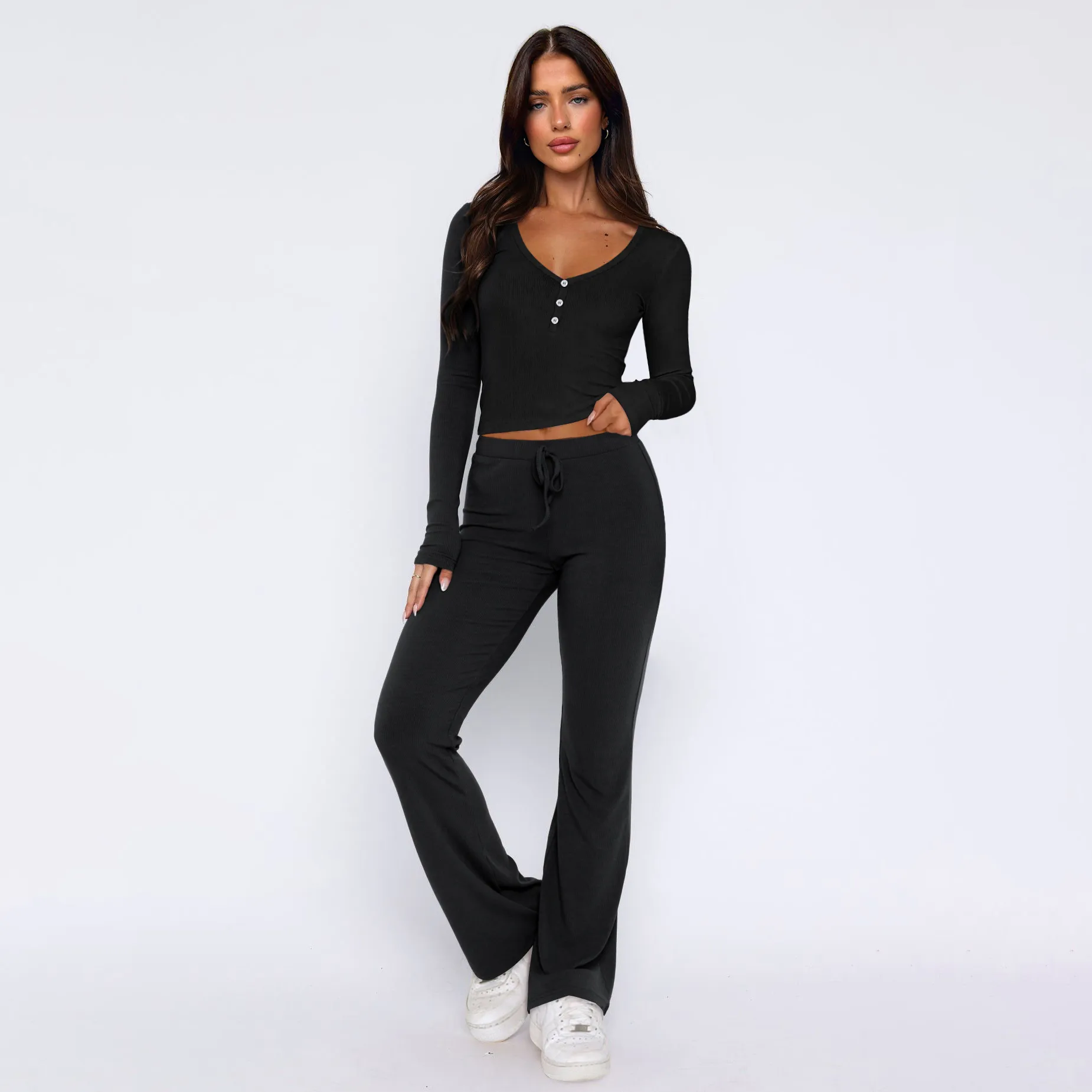 Autumn And Winter Hot Sale Foreign Trade Women's Slim-fit Sexy Button Long Sleeve Top Lace-up Trousers Fashion Two-piece Set display picture 10