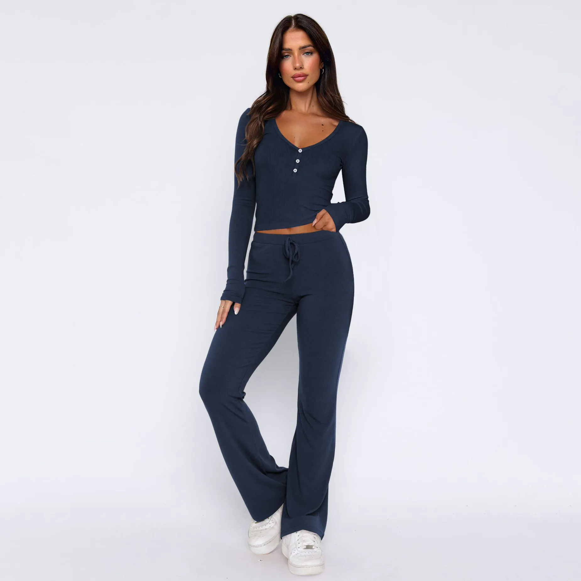 Autumn And Winter Hot Sale Foreign Trade Women's Slim-fit Sexy Button Long Sleeve Top Lace-up Trousers Fashion Two-piece Set display picture 12