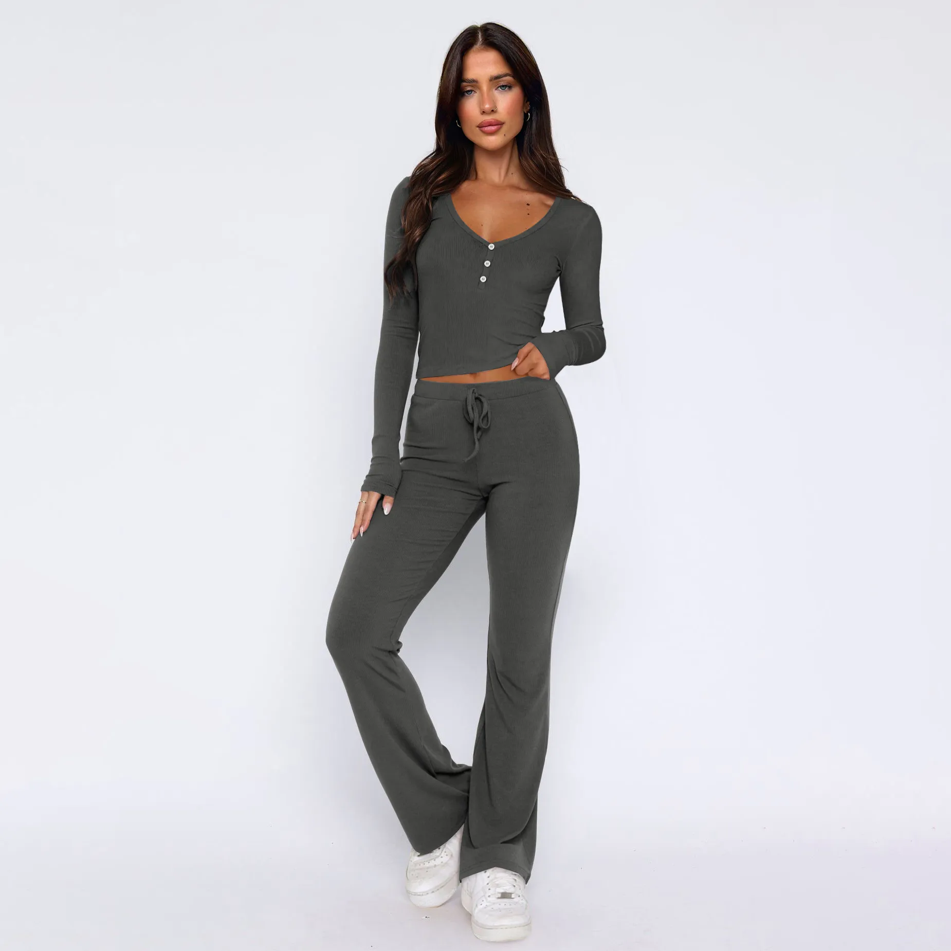 Autumn And Winter Hot Sale Foreign Trade Women's Slim-fit Sexy Button Long Sleeve Top Lace-up Trousers Fashion Two-piece Set display picture 4