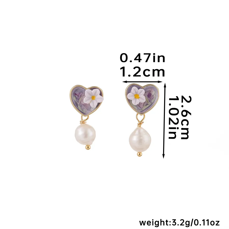 1 Pair Elegant Heart Shape Enamel Alloy Freshwater Pearl 18K Gold Plated Drop Earrings display picture 6