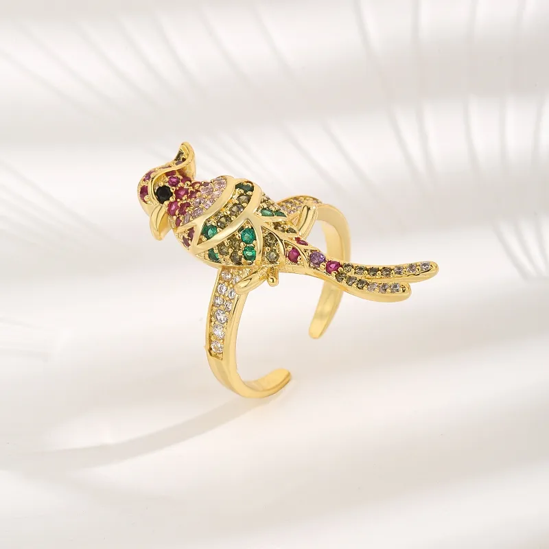 Copper 18K Gold Plated Plating Inlay Parrot Zircon Open Rings display picture 3