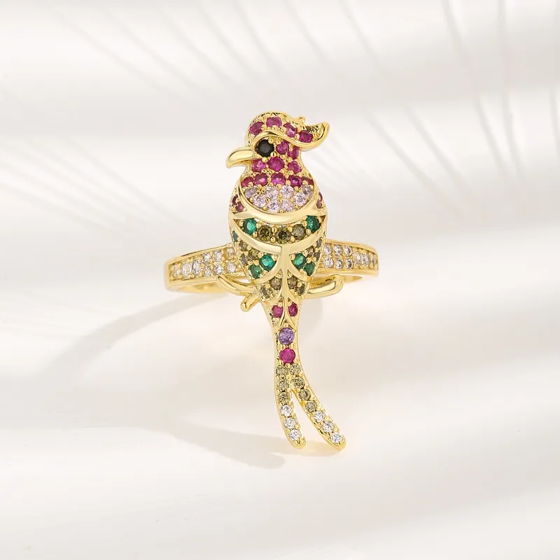 Copper 18K Gold Plated Plating Inlay Parrot Zircon Open Rings display picture 1