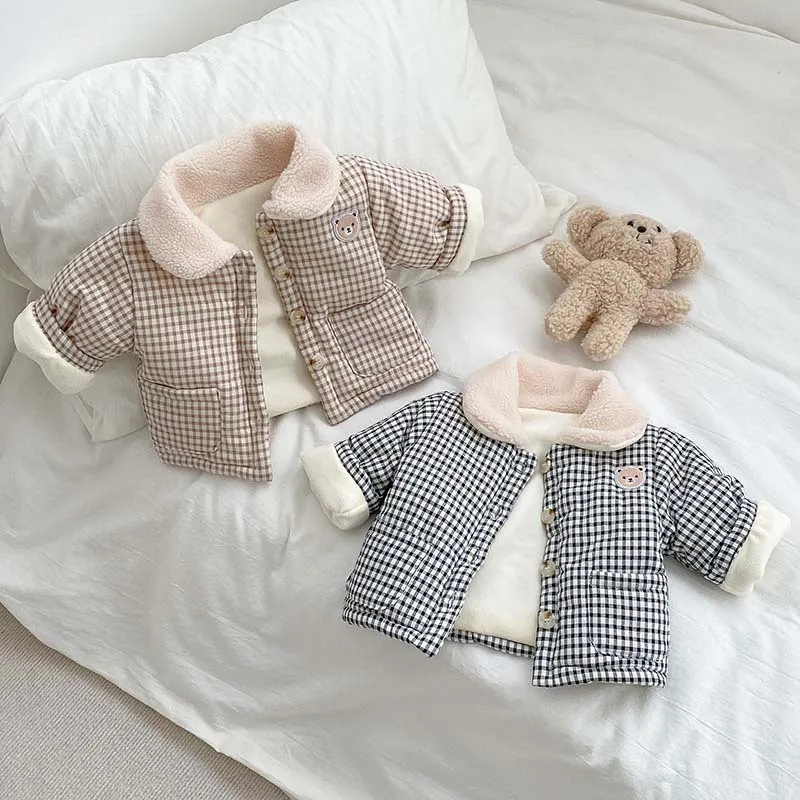 Winter Fleece-lined Thick Coat Baby Boys And Girls Cotton-padded Coat Baby's Lapel Plaid Warm Kids Top display picture 6