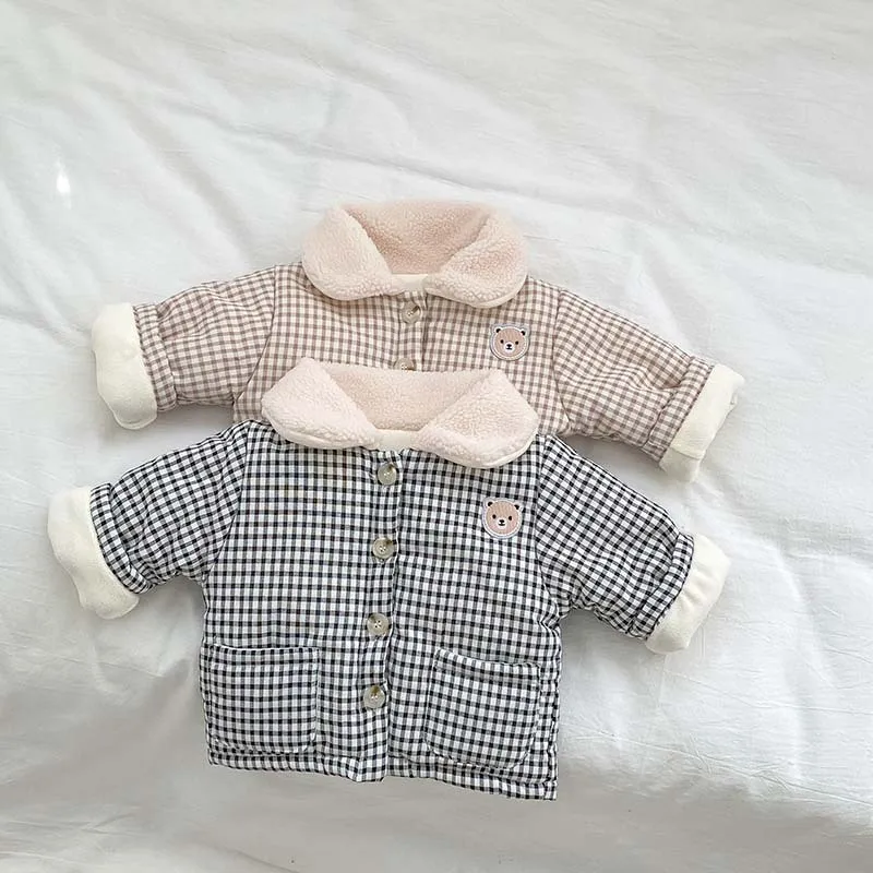 Winter Fleece-lined Thick Coat Baby Boys And Girls Cotton-padded Coat Baby's Lapel Plaid Warm Kids Top display picture 1