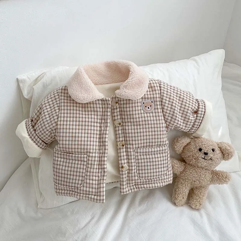 Winter Fleece-lined Thick Coat Baby Boys And Girls Cotton-padded Coat Baby's Lapel Plaid Warm Kids Top display picture 7