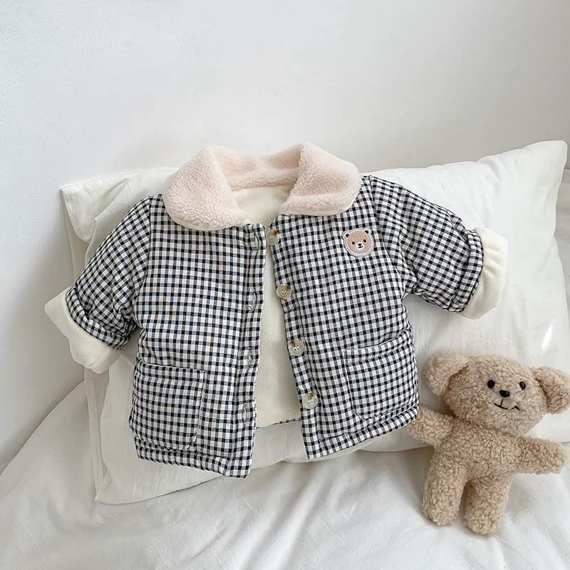 Winter Fleece-lined Thick Coat Baby Boys And Girls Cotton-padded Coat Baby's Lapel Plaid Warm Kids Top display picture 8