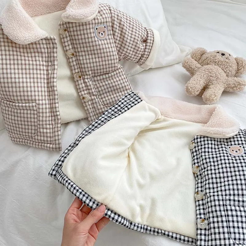 Winter Fleece-lined Thick Coat Baby Boys And Girls Cotton-padded Coat Baby's Lapel Plaid Warm Kids Top display picture 15