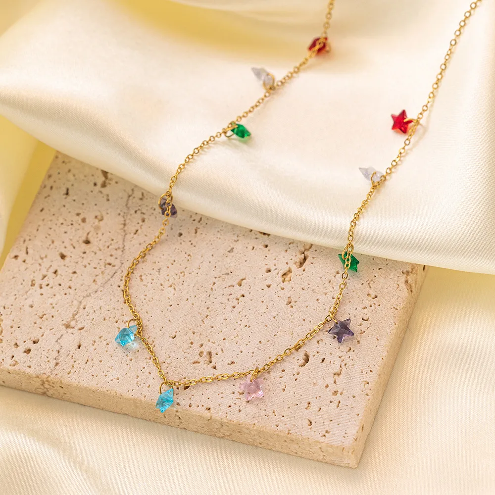 A Special-Interest Design 18K Real Gold Stainless Steel Dopamine Color Five-Pointed Star Necklace display picture 6