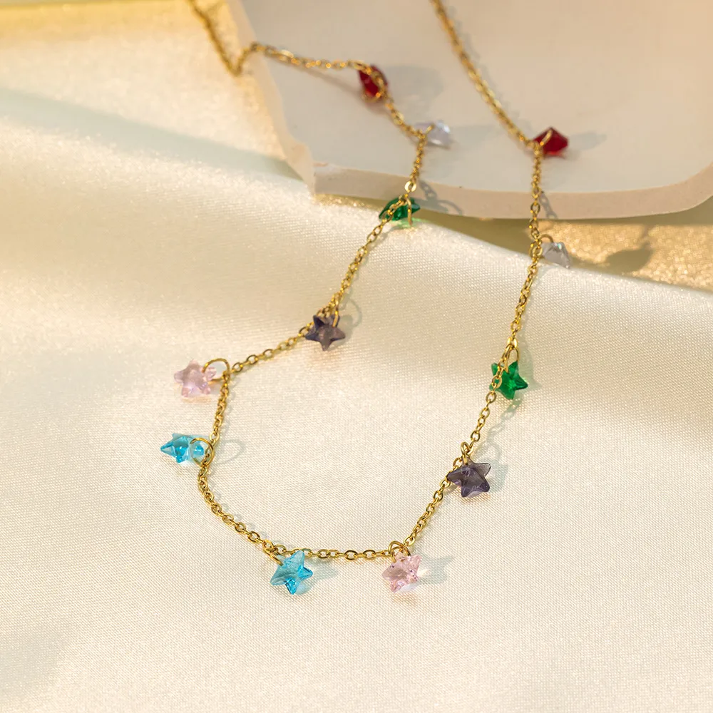 A Special-Interest Design 18K Real Gold Stainless Steel Dopamine Color Five-Pointed Star Necklace display picture 4