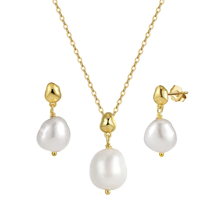 SS10 Luxury Pearl Jewelry Set 925 Sterling Silver 14K Gold Plated Chain Cultured Freshwater Pearl Earring Necklace Set For Women display picture 2