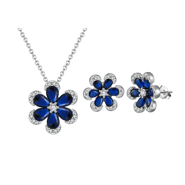 BLZ-4  925 Sterling Silver Created Sapphire Flower Pendant Necklace Earrings Set Wedding Gift display picture 2