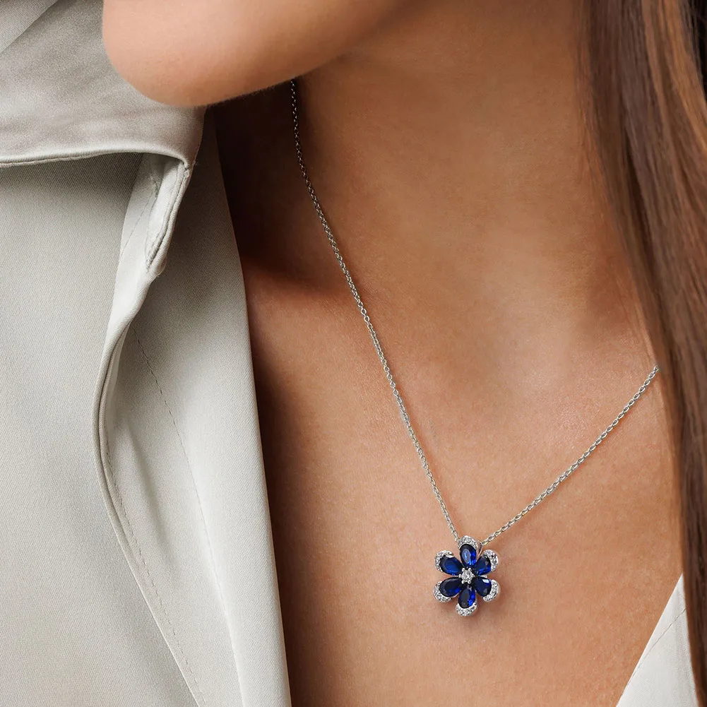BLZ-4  925 Sterling Silver Created Sapphire Flower Pendant Necklace Earrings Set Wedding Gift display picture 3