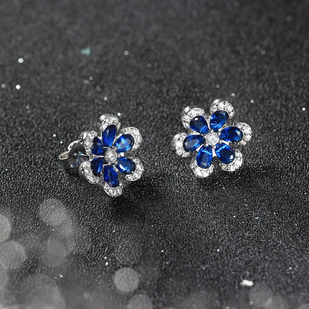 BLZ-4  925 Sterling Silver Created Sapphire Flower Pendant Necklace Earrings Set Wedding Gift display picture 6