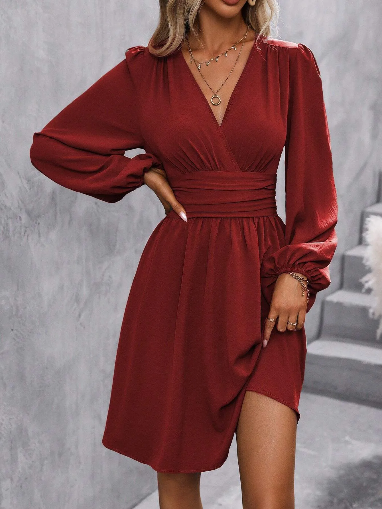 Elegant High Waist Lantern Sleeve Gown  Style Autumn Winter New Fashion Side Collar Pleated Waist Dress display picture 8