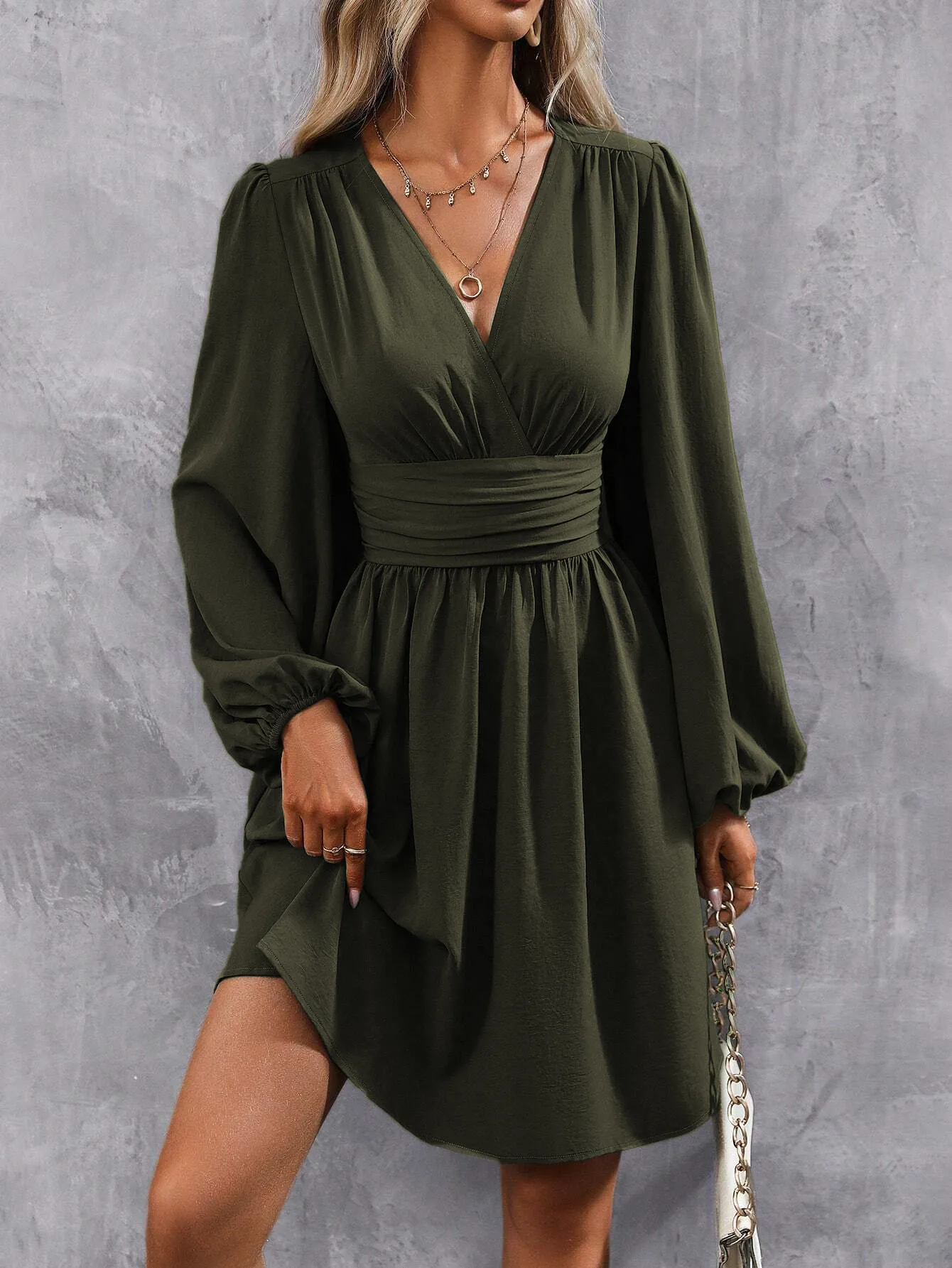 Elegant High Waist Lantern Sleeve Gown  Style Autumn Winter New Fashion Side Collar Pleated Waist Dress display picture 21