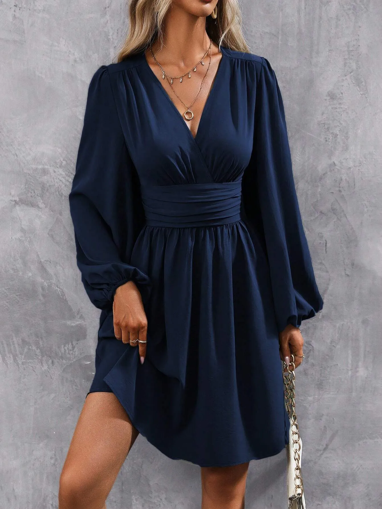 Elegant High Waist Lantern Sleeve Gown  Style Autumn Winter New Fashion Side Collar Pleated Waist Dress display picture 3
