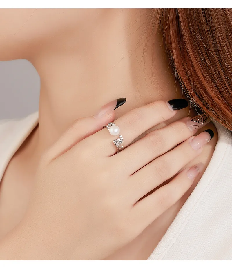 18K Gold Plated White Gold Plated 925 Sterling Silver Pearl Zircon Geometric Open Rings display picture 4