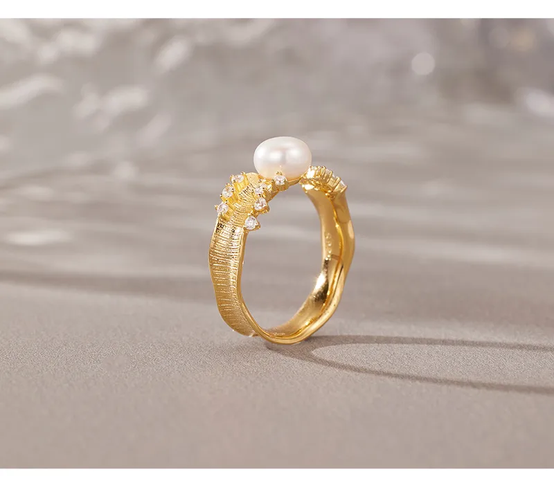 18K Gold Plated White Gold Plated 925 Sterling Silver Pearl Zircon Geometric Open Rings display picture 5