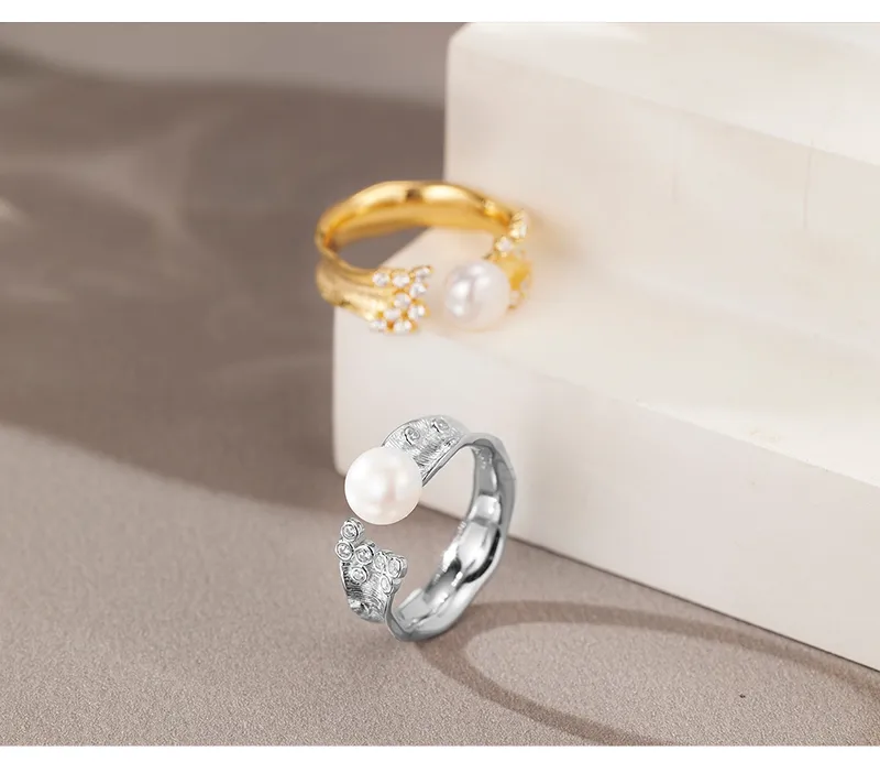 18K Gold Plated White Gold Plated 925 Sterling Silver Pearl Zircon Geometric Open Rings display picture 7