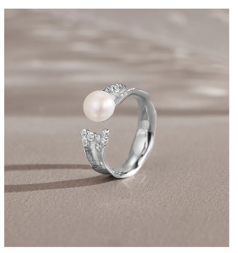 18K Gold Plated White Gold Plated 925 Sterling Silver Pearl Zircon Geometric Open Rings display picture 9