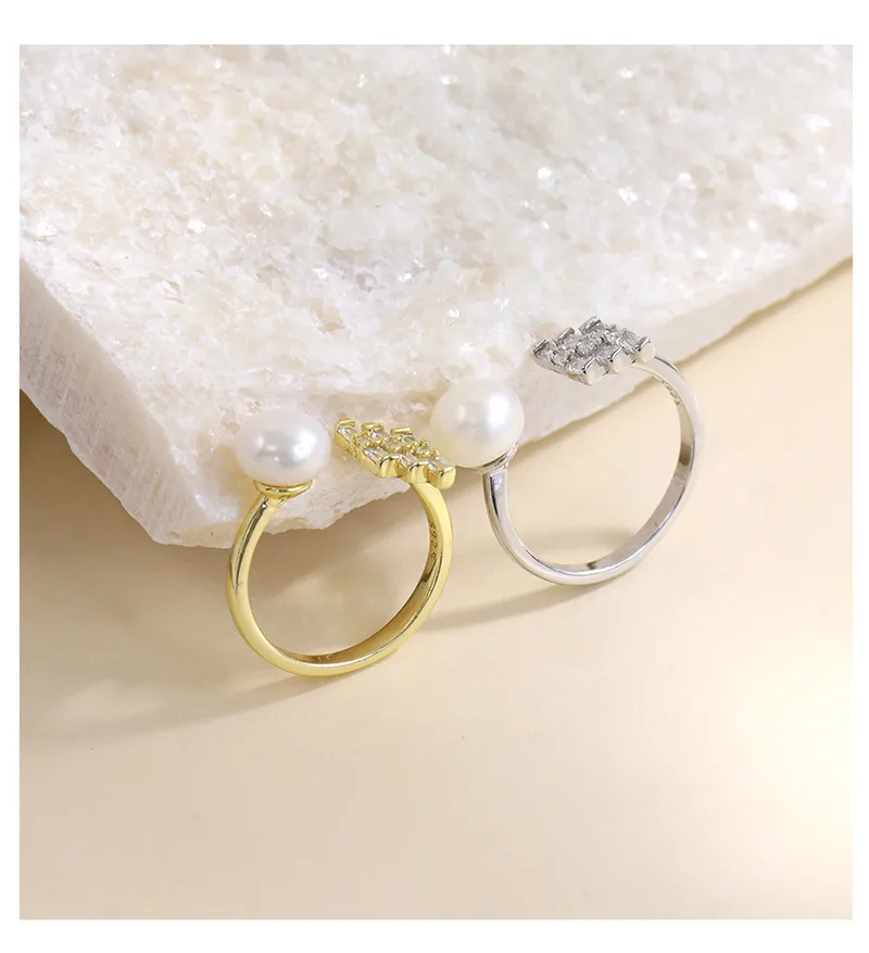 18K Gold Plated White Gold Plated 925 Sterling Silver Pearl Zircon Geometric Open Rings display picture 3