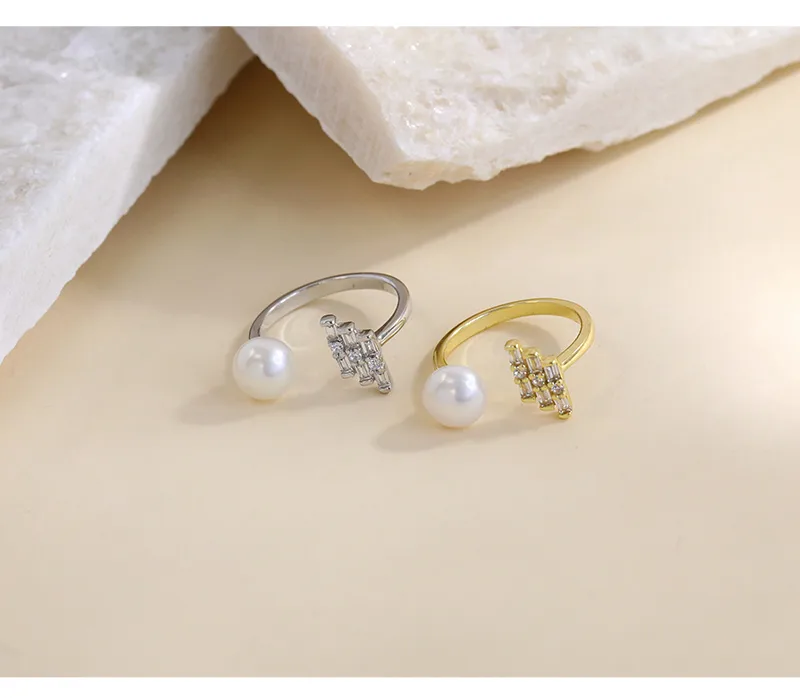 18K Gold Plated White Gold Plated 925 Sterling Silver Pearl Zircon Geometric Open Rings display picture 5