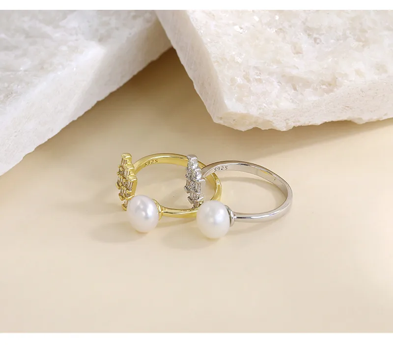 18K Gold Plated White Gold Plated 925 Sterling Silver Pearl Zircon Geometric Open Rings display picture 7