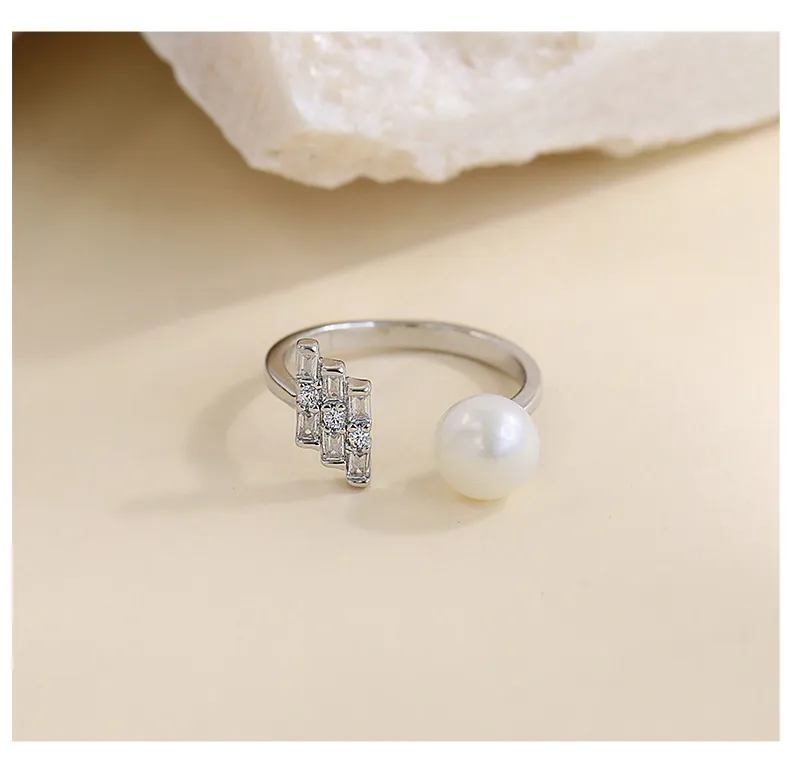 18K Gold Plated White Gold Plated 925 Sterling Silver Pearl Zircon Geometric Open Rings display picture 8