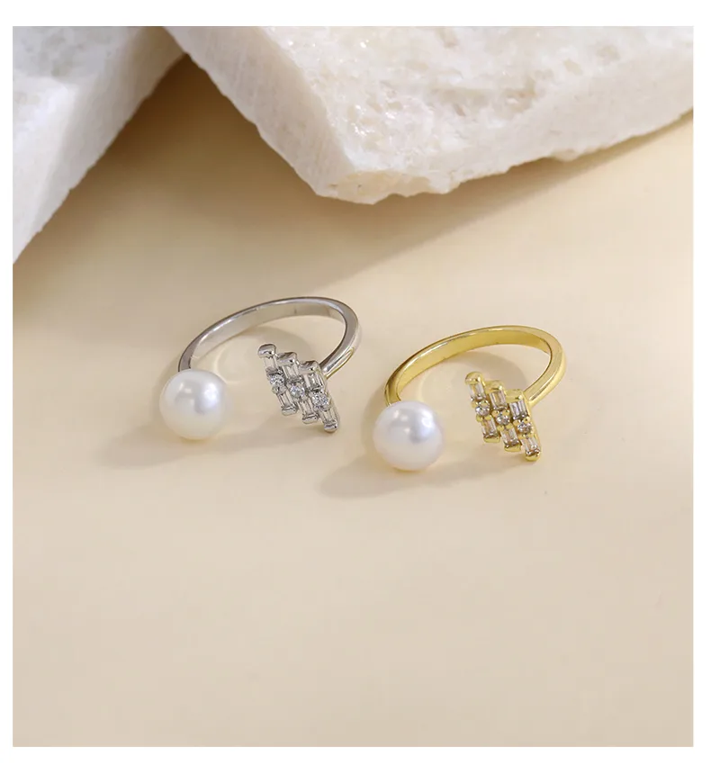 18K Gold Plated White Gold Plated 925 Sterling Silver Pearl Zircon Geometric Open Rings display picture 9