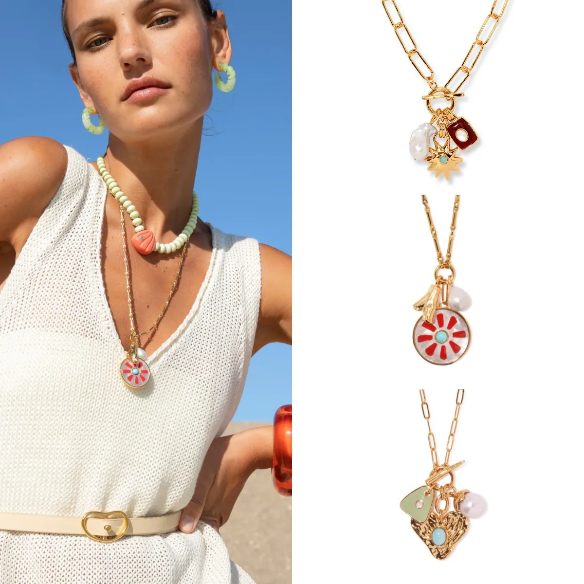 Copper Gold Plated Enamel Inlay Round Star Heart Shape Gem Pearl Pendant Necklace display picture 2