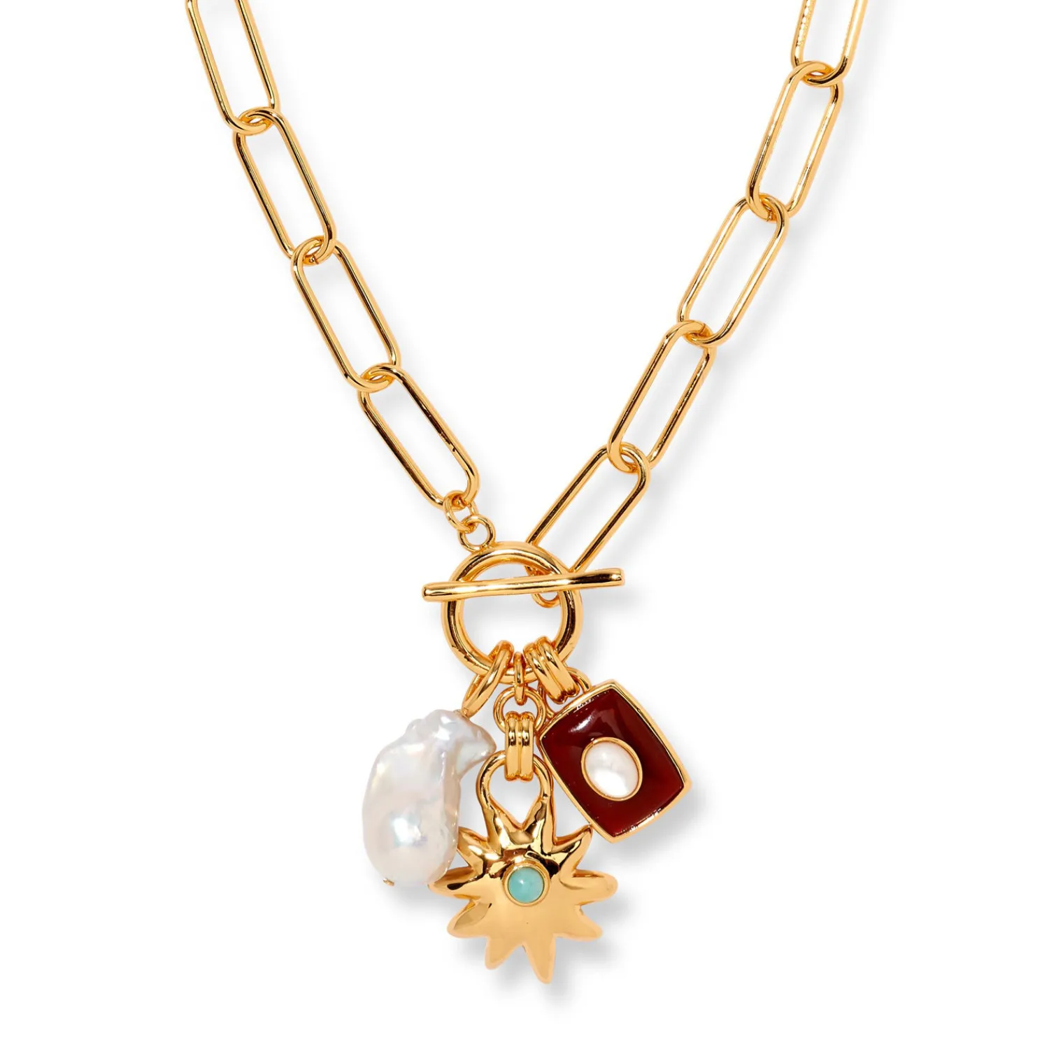 Copper Gold Plated Enamel Inlay Round Star Heart Shape Gem Pearl Pendant Necklace display picture 5