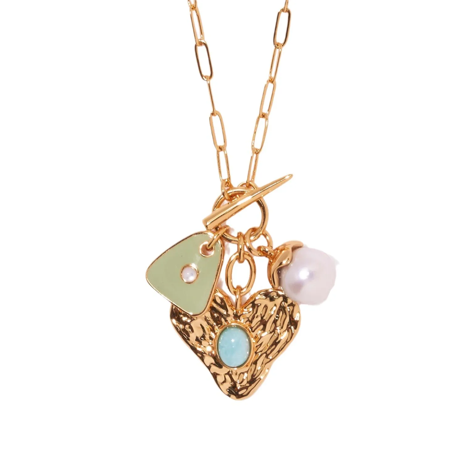 Copper Gold Plated Enamel Inlay Round Star Heart Shape Gem Pearl Pendant Necklace display picture 6