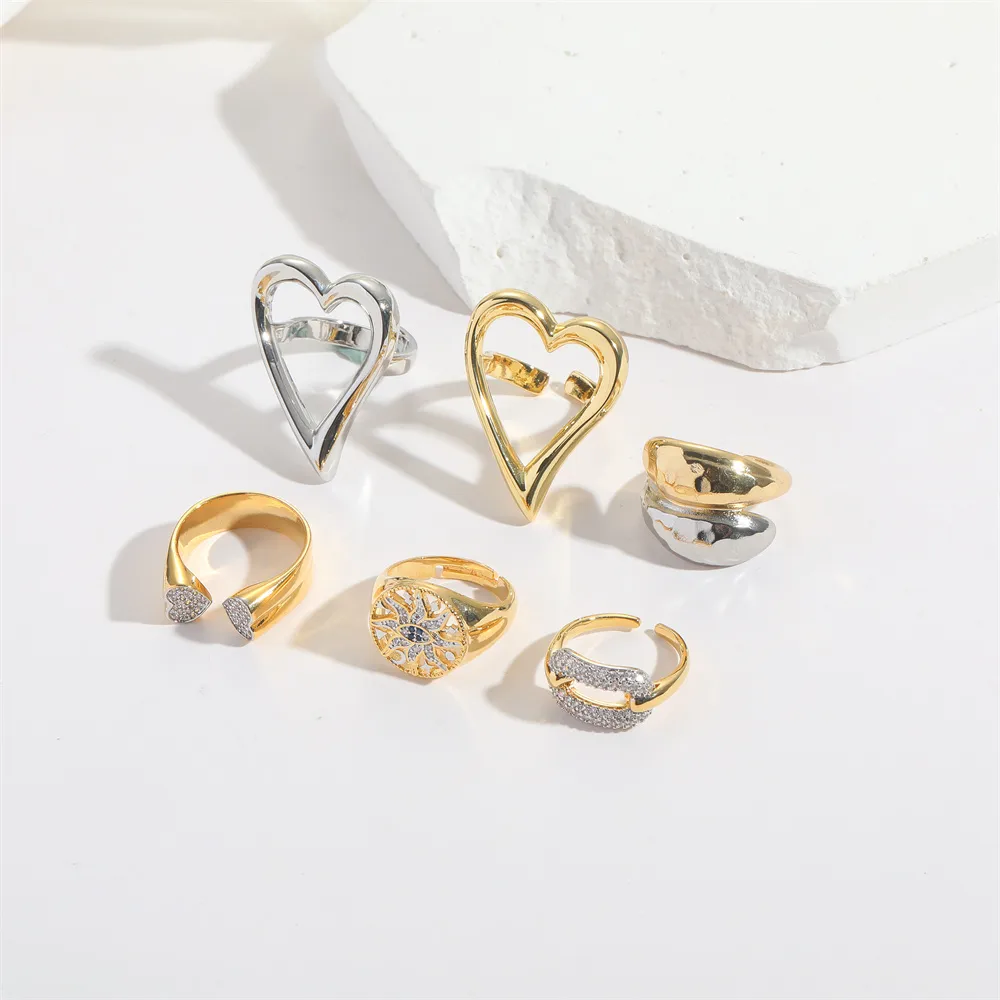 Copper 14K Gold Plated Hollow Out Inlay Heart Shape Zircon Open Rings display picture 4