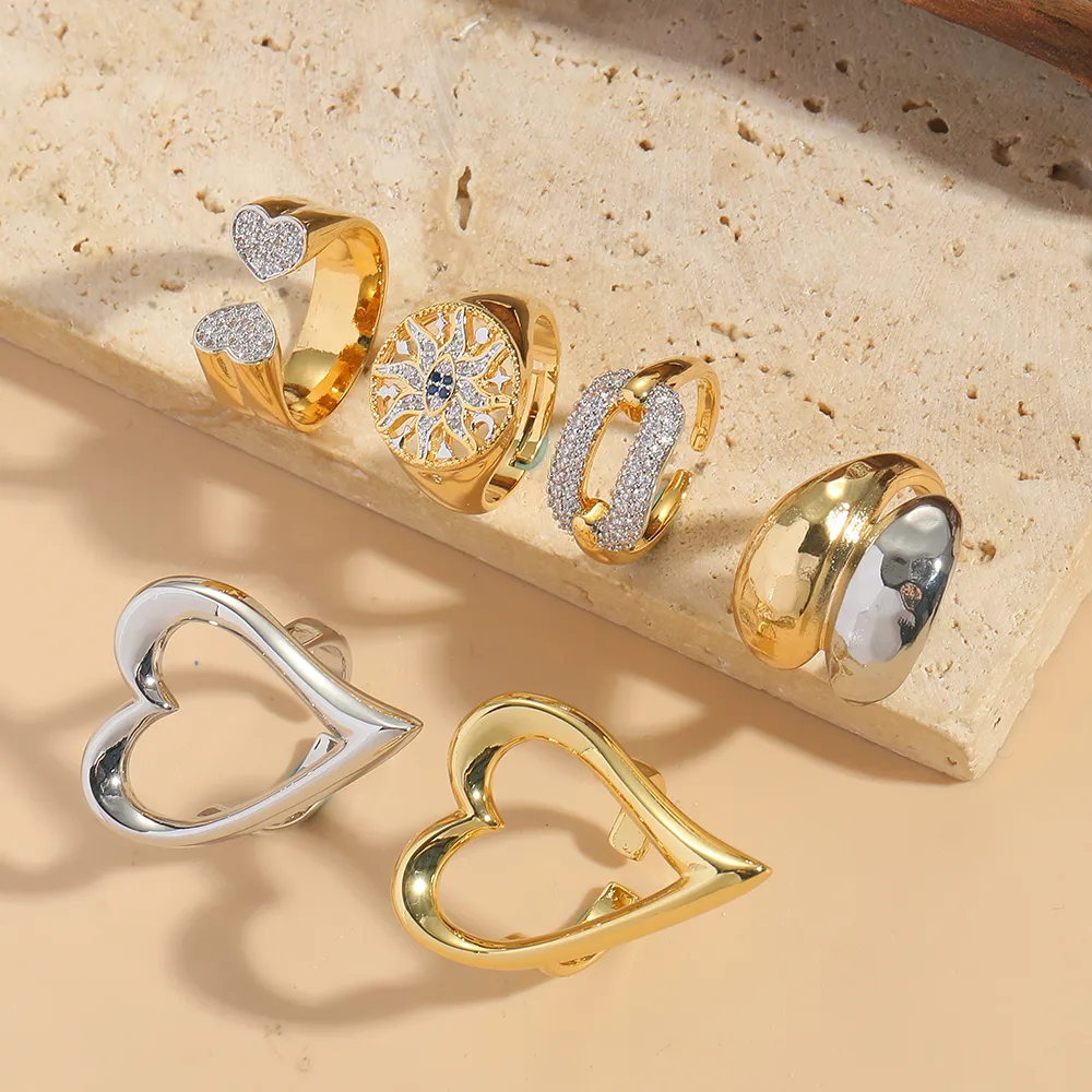 Copper 14K Gold Plated Hollow Out Inlay Heart Shape Zircon Open Rings display picture 2