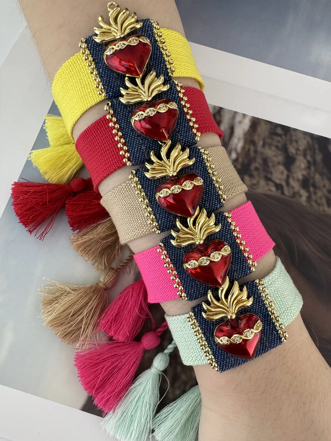 Retro Heart Shape 18K Gold Plated Zircon Polyester Denim Brass Wholesale Drawstring Bracelets display picture 12