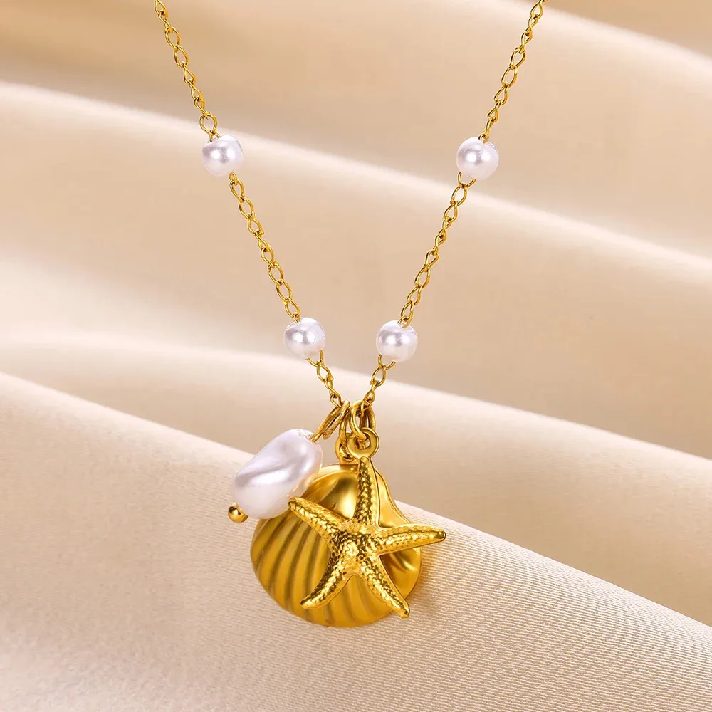 304 Stainless Steel 18K Gold Plated Starfish Shell Pendant Necklace display picture 2