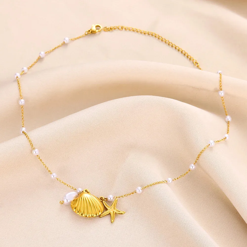 304 Stainless Steel 18K Gold Plated Starfish Shell Pendant Necklace display picture 3