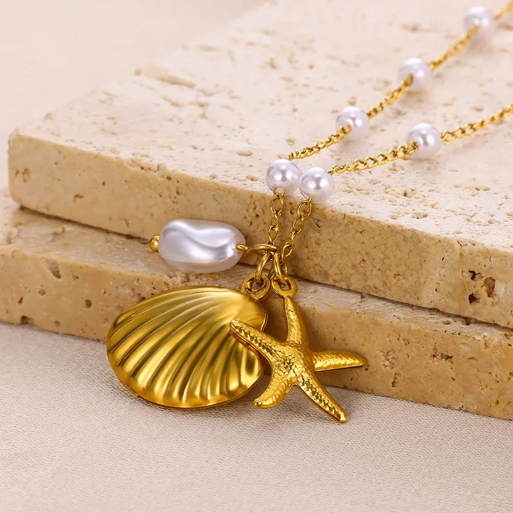 304 Stainless Steel 18K Gold Plated Starfish Shell Pendant Necklace display picture 5