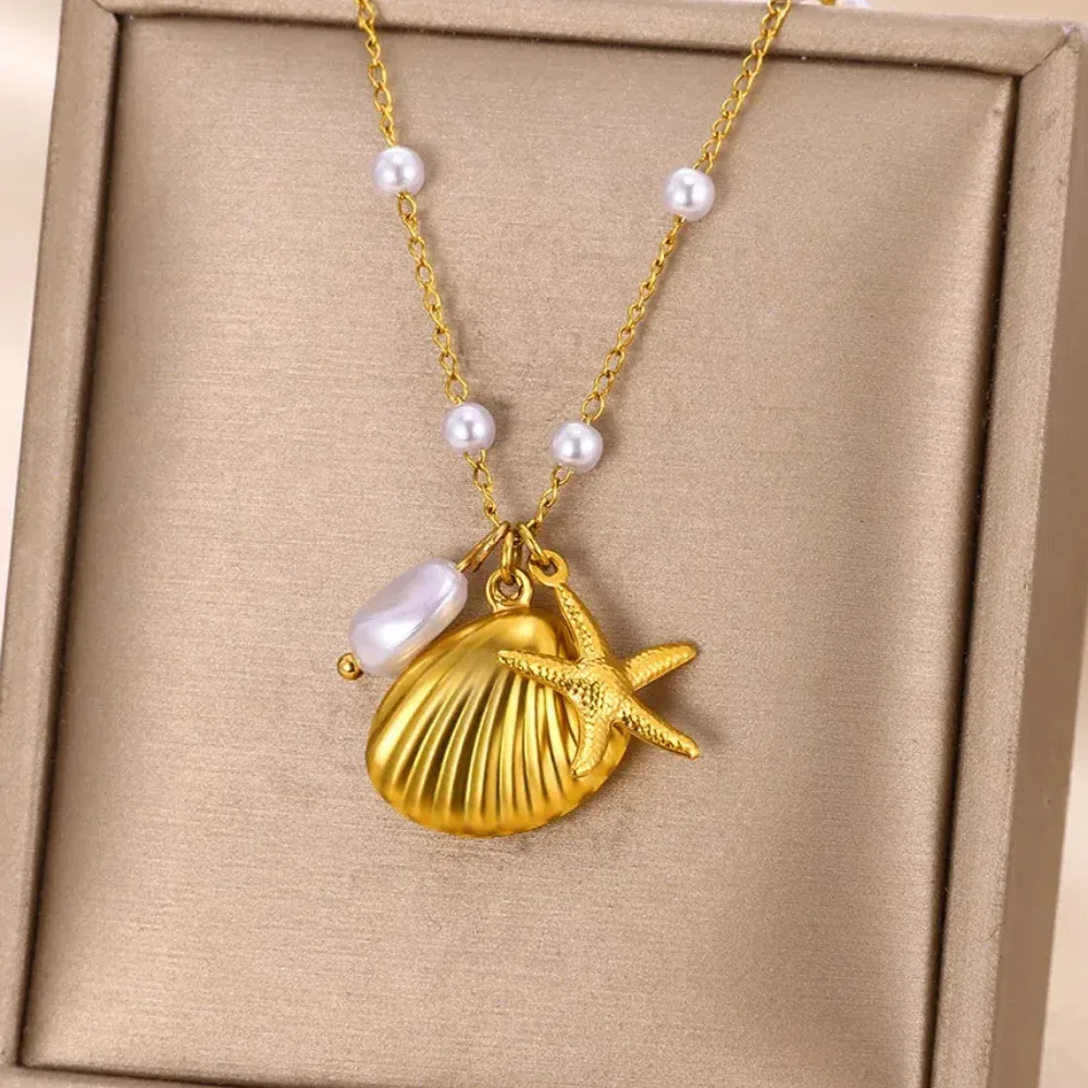 304 Stainless Steel 18K Gold Plated Starfish Shell Pendant Necklace display picture 4