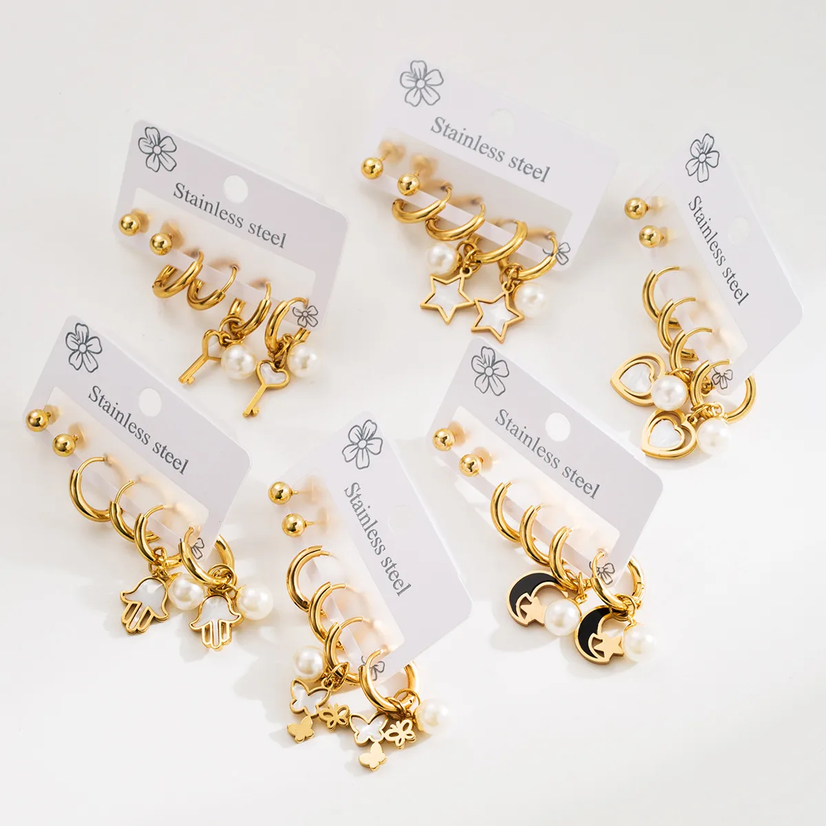 3 Pairs Simple Style Star Heart Shape Butterfly Plating Inlay 304 Stainless Steel Pearl 18K Gold Plated Drop Earrings Earrings Ear Studs display picture 7