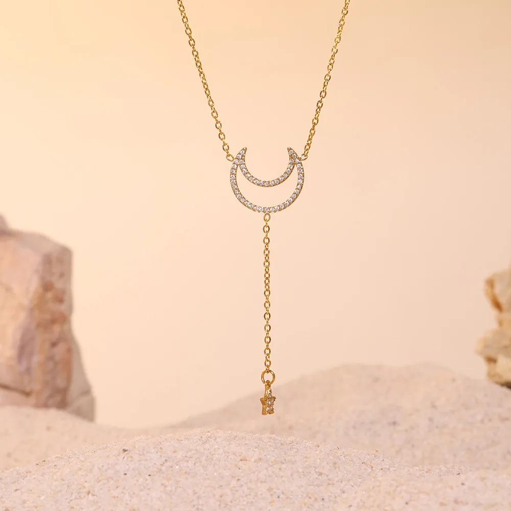 Wholesale Jewelry Elegant Luxurious Vacation Moon Titanium Steel Rhinestones 18K Gold Plated Plating Jewelry Set display picture 1